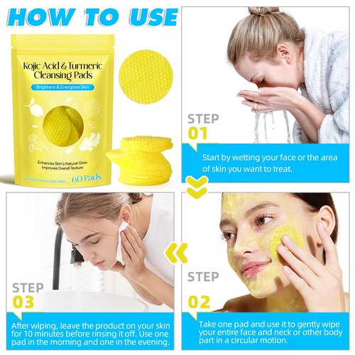 Kojic Acid and Turmeric Cleansing Pads for Face 60Pcs, Turmeric Face Scrub Pads, Cleansing & Exfoliation Balance Skin Oil & Water