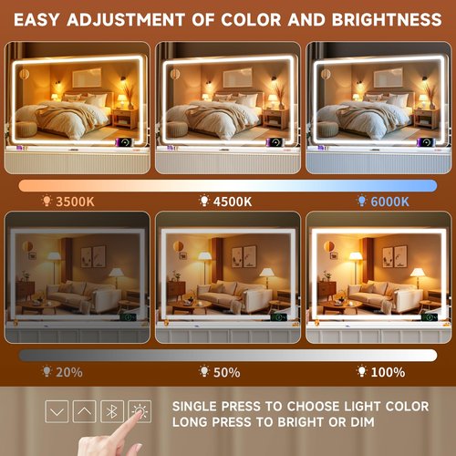 MINISO Vanity Mirror with Lights,37.4"x25.6"LED Makeup Mirror with Bluetooth Speaker,Touch Sensor,3 Light Colors,Dimmable,Metal Frame,with 10X Magnifying Glass,Rectangular White