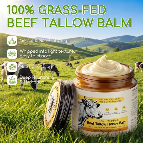 Beef Tallow - Whipped Tallow and Honey Balm Cream | 100% Grass-Fed Face Moisturizer, Unscented 4.2 OZ