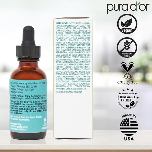 PURA D'OR Advanced Peptide Face Serum – Copper Tripeptide, Plant-Based Stem Cell Extract, Marine Collagen from Kelp, Hyaluronic Acid & Methylene Blue – Anti-Aging Serum for Youthful-Looking Skin, 1 Oz