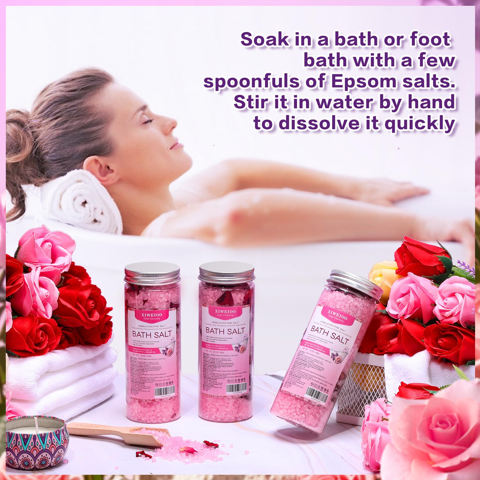 XIWEIOO Bath Salts Kit Pack of 3 Natural Himalayan Pink Salt Bath Salts Gift Set Soak Tea Tree Oil for Women Bath Sea Salts - Relaxing - Epsom Salt - Body Spa Care Relaxing Soaks