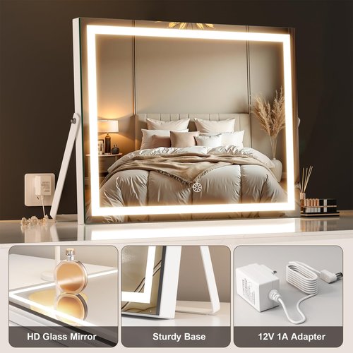 MINISO Vanity Mirror with Lights, 13.8" x 10.6" LED Makeu Mirror, Light & Brightness Adjustment, Smart Sensor, Aluminum Alloy Metal White Frame, with 5X Magnifying Glass