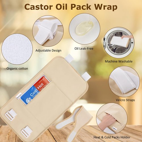 Purelysian Beauty Castor Oil Pack Wrap Organic Cotton, 7 Pcs Caster Oil Pack Kit for Stomach and Liver Detox Pack Kit (8fl.oz/237ml)