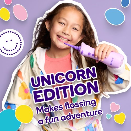 BURST Kids Water Flosser (Unicorn) | Cordless & Rechargeable Water Flosser for Teeth | 3 Gentle Pressure Modes | Silicone Safety Tip | Braces-Friendly | Fun, Kid-Safe Design | 155mL Water Tank