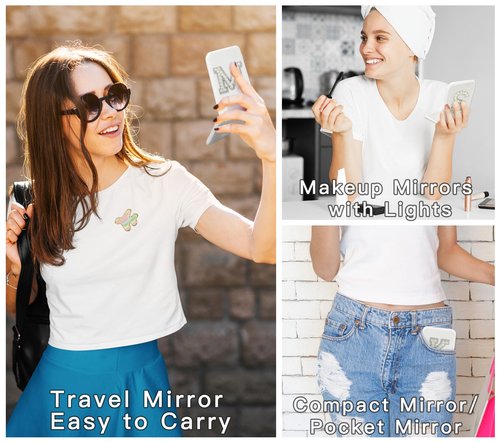 Aganmi Travel Essentials Accessories Personalized LED Pocket Mirror Pearl Letter 1X/2X Magnification Small Travel Makeup Mirror with Lights Folding Compact Mirror for Women Teen Girl White S