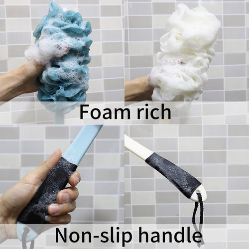 2Pack Back Scrubber for Shower, Loofah with Handle, Back Loofah Non-Slip Handle, Bath Body Brush, Scrub Cleaning Brush for Shower, Soft Mesh Sponge On a Stick for Men Women Elderly (Blue and White)