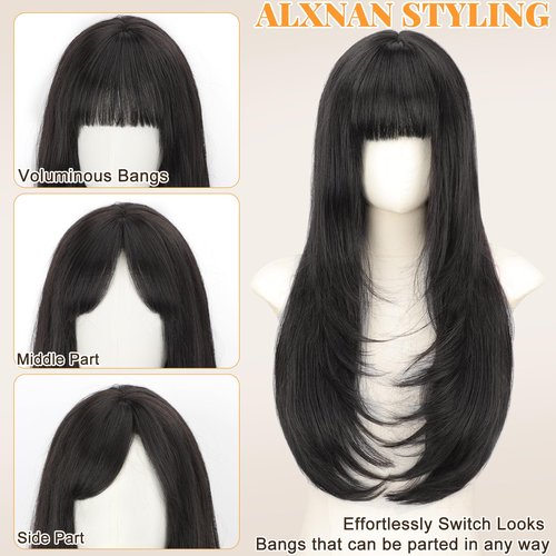 ALXNAN Hair Toppers For Women with Thinning 3D 360°Cover,26Inch Black Long Straight Layered Clip In Synthetic hair topper with Bangs