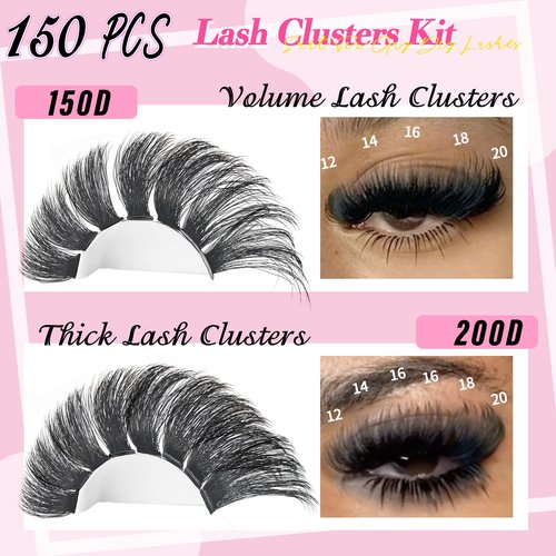 Lash Clusters Kit 150D+200D Thick Lash Clusters Eyelash Extension Kit 12-20mm Individual Lashes Kit with Lash Bond and Seal, Lash Tweezers for DIY Lashes Extension by INSPEAUTY
