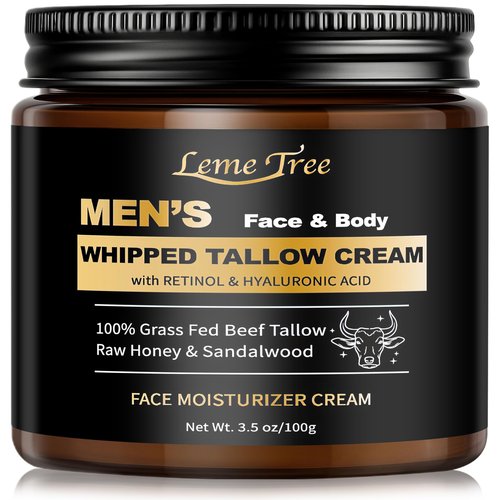 Men's Beef Tallow for Skin, Whipped Grass-Fed Beef Tallow Face Cream, Tallow Balm with Anti-Aging Retinol & Hyaluronic Acid, Mens Skin Care Face Moisturizer, Reduces Wrinkles Lines, Sandalwood, 3.5 OZ