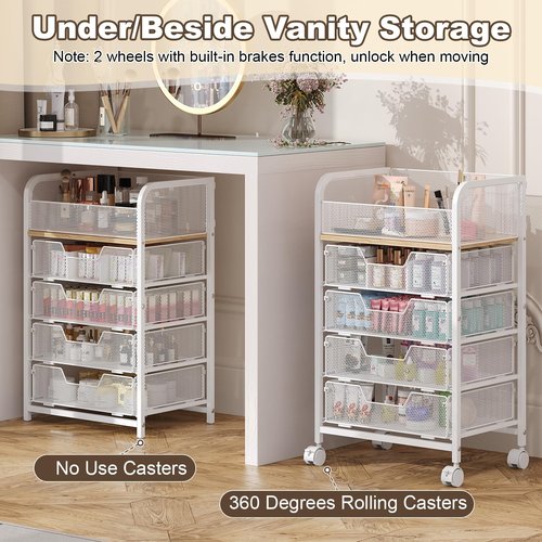 Hongtamoya Makeup Cart Organizer with 4 Drawers, Large Floor Skincare Organizers, Vanity Storage Organizer Cosmetics Display Cases for Skin Care Perfume Nail Polish, White