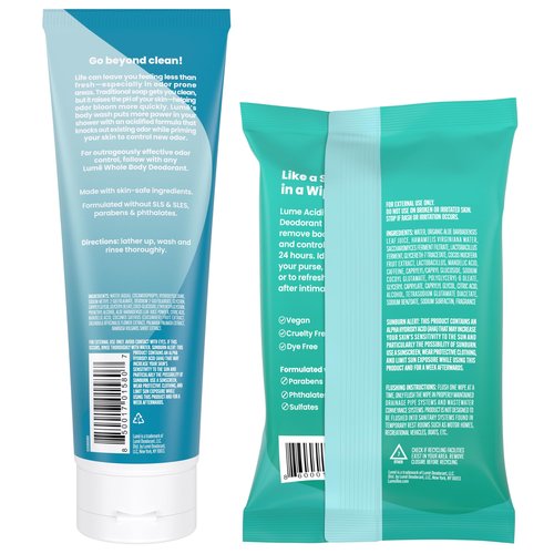 Lume Acidified Body Wash & Flushable Deodorant Wipes - 24 Hour Odor Control - Hydrating Wash - Without SLS or Parabens - OB/GYN Developed - 8.5 Ounce (Unscented) 15 Count Wipes (Cool Cucumber)