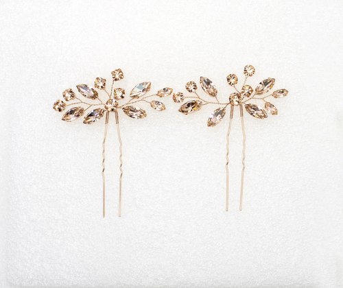 Faship Gorgeous Champagne Rhinestone Crystal Floral Hair Pins Accessories 2 Pcs