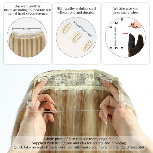 14 Inch Hair Extensions - Light Blonde to 613 Blonde Straight Human Hair With Transparent Fish Line Invisible Hairpiece - Hidden Wire