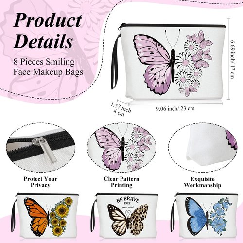 Cunno 4 Pcs Butterfly Makeup Bags for Women Canvas Cosmetic Butterfly Flowers Gifts for Girls Birthday Canvas Purse Travel Makeup Bags Zipper Pouch for Ladies Coworker