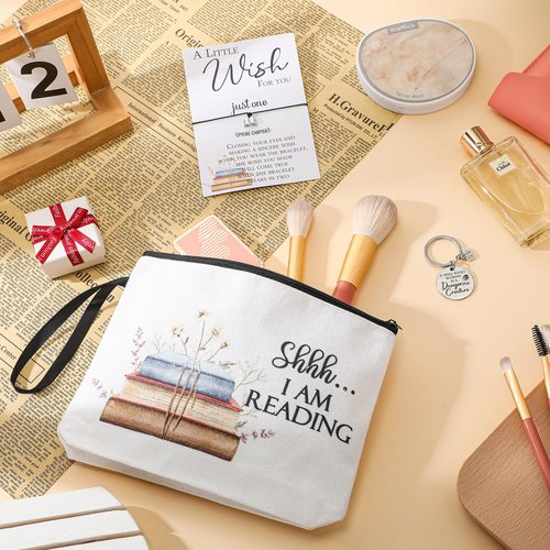 Sweetude 4 Pcs Book Lovers Gifts Sets Include Book Tote Bag, Bookworm Bracelet with Wish Card, Canvas Makeup Bag, and Bookish Keychain for Women Readers Books Lover Gifts