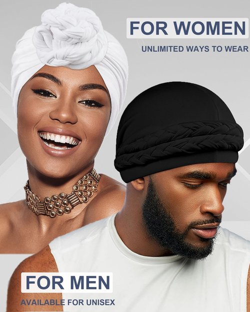 Babalet Halo Turban for Men Women Satin Lined Durag Skull Cap Pre-Tied Handmade Braids Tail Beanie Sleeping Bonnet,Black