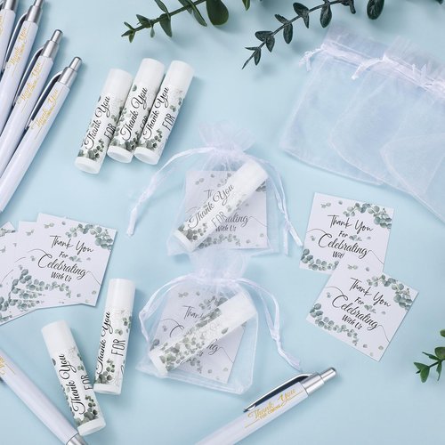 Heigble 50 Set Wedding Thank You Gifts, Thank You Lip Balm Bulk Retractable Ballpoint Pen Appreciation Card Organza Drawstring Gift Bag Bridal Shower Gift for Guest Wedding Party(Eucalyptus Leaf)