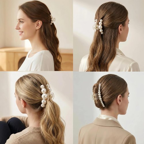 Skiennix Large Pearl Hair Clips - Strong Hold No Slip Claw Clip Set | 4 PCS for Women’s Styling
