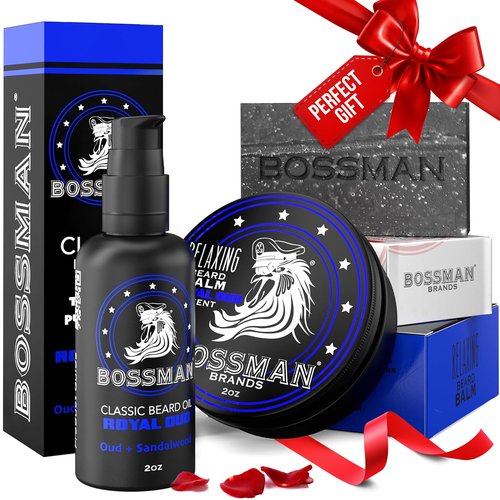 Bossman Starter Beard Kit for Men – Beard Oil (2 oz), Beard Balm & Bar Soap – Natural & Organic Grooming Kit – Made in the USA Men Gift Set (Royal Oud Scent)