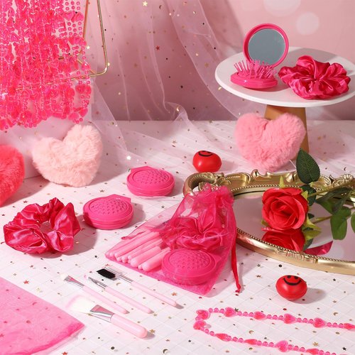 SiliFine Pink Girl Party Favors Girl Makeup Party Favor Party Supplies Set Includes Pink Gauze Bags, Hair Scrunchies, Foldable Mirror Hair Brushes, Makeup Brushes Toys(96 Pcs)