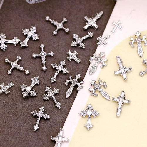 3D Cross Nail Charms for Nail Art, 60 Pcs Metal Crystal Cross Nail Decorations, Alloy Nail Studs and Rhinestones for Women Girl DIY Jewelry Crafts Supplies (Silver)