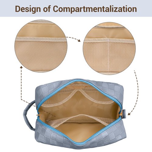 MAGEFY Makeup Bag, Checkered Travel Cosmetic Bag with Handle Leather Makeup Pouches for purse Make Up Bag Cute Makeup Bags for Women,Blue Haze