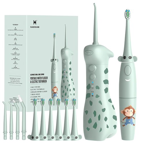 HUACOCARE Kids Water Flosser & Electric Toothbrush Combo | Giraffe & Monkey Design | 3 Gentle Modes & 2 Sonic Modes | All-in-One for Healthy Brushing Habits |Braces-Friendly | Gift for Boys & Girls