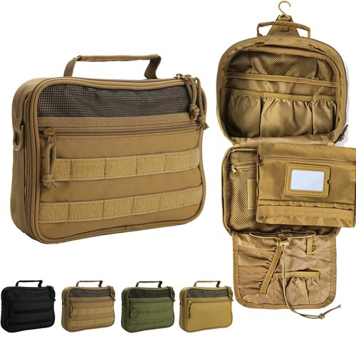HJOKLS Tactical Toiletry Bag for Men, Travel Hanging Toiletry Bags, Toiletries Organizer Dopp Kit, Travel Cosmetic Bag,Shaving Hygiene Bag, Bathroom Essentials Men's Toiletry Bag for Camping - Khaki