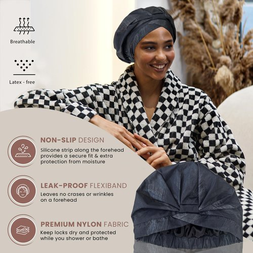 Reusable Shower Cap for Women Reusable Waterproof – Leakproof, Nonslip Hair Cap for Shower Flexiband – Soft, Breathable, Durable Christmas Shower Caps by SMPL OBJECTS (Coal)