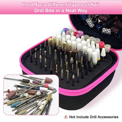 81 Holes Nail Drill Bit Holder (ONLY CASE),Dustproof Portable Organizer Storage Bag with Large Mesh Pocket & High Density Foam to Avoid Slipping & Scratches, Nail Bits Professional Manicure Tools,Pink