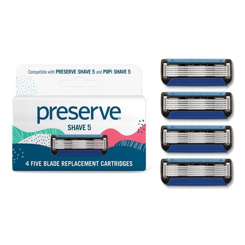 Preserve Shave 5 Razor Blades Refills - 5 Blade Razors for Men & Women - Ceramic Coated Shavers for Comfort with Aloe-Cocoa Butter Strip - Reusable Shaving Refill - 4 Pack