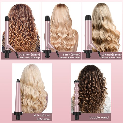 Prizm Pro Clamp Curling Iron Set,Bubble Wand,Tapered Curling Iron 5 Interchangeable Barrel Curling Wand,Hair Wand 11 LCD Adjustable Temp,0.6 to 1.25 Inch,Travel Dual Voltage Rose Pink
