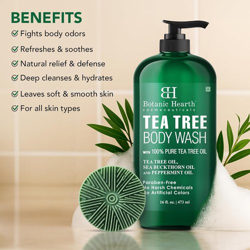 Botanic Hearth Tea Tree Body Wash - Infused with 100% Pure Tea Tree Oil & Coconut | 16 fl oz Cleanser with Dual-Sided Brush