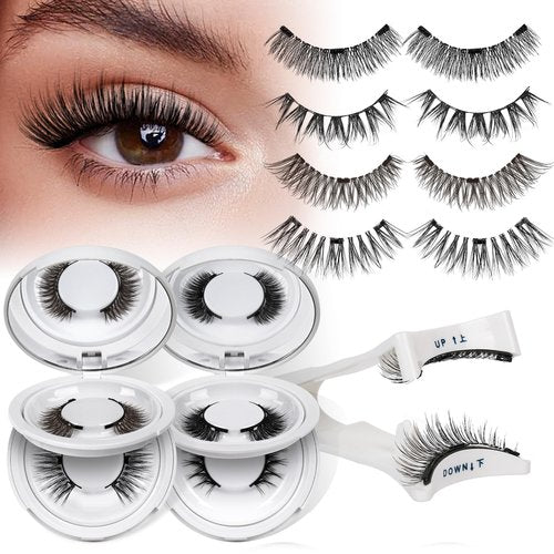 QUEWEL Magnetic Eyelashes 4 Pair Reusable Magnetic Eyelashes with Applicator No Glue Needed Eyelashes Natural Look Lash Clusters Kit Easy to Wear and Remove(4 Pairs-A05)