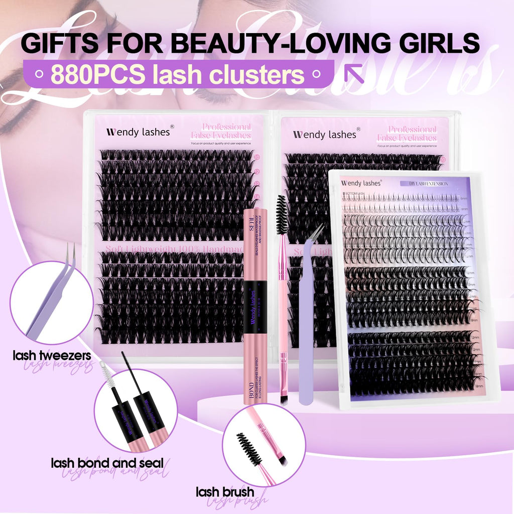 Wendy Lash Clusters Kit With Bottom Lashes 40D+50D+60D+80D+100D+150D 880-Pcs Fluffy Eyelash Clusters D Curl Lashes Extension Soft Eyelash Extension Kit Wispy Natural DIY at Home