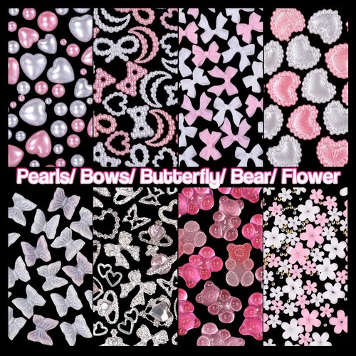 Silver Nail Gems Charms, 3D Pink Color Nail Art Charms, Acrylic Blossom Tiny Flowers Flatback Multi Styles Pearls Nail Charms Planet Heart Butterfly Nail Diamond Charms for Nails Manicure DIY Crafts