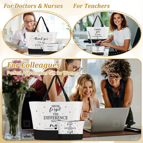 IANFEPH 12 Pcs Thank You Canvas Tote Bag for Women Mother's Day Gifts Bags Inspirational Makeup Bag with Zipper Employee Appreciation Tote Bags for Mom Nurse Teacher Lady Team Coworker
