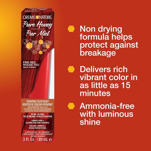 Creme of Nature Pure Honey Hair Dye - Hydrating Semi-Permanent Color Boost in Fire Red, 3 fl oz