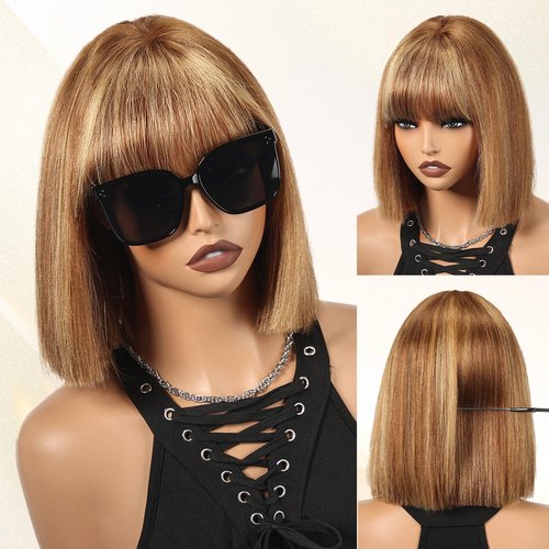 ELLORS 10 Inch Highlight Ombre Bob Wig Human Hair With Bangs Glueless 2x1 HD Lace Wigs, Short Wigs For Women Yaki Straight