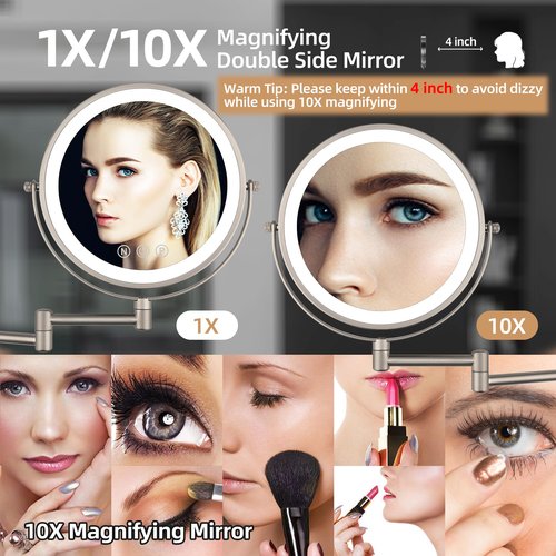 SLIMOON 9" Wall Mounted Lighted Makeup Mirror with Magnification, 1X/10X Magnifying Mirror with Light, 3 Color LED 2000mAh Rechargeable Light Up Magnifying Nickel Extendable
