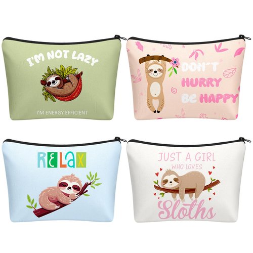 SilTriangle 4 Pack Sloth Cosmetic Bags for Girls Women Sloth Lovers Canvas Cute Makeup Bags with Zipper Travel Toiletry Organizer Pouch for Backpack Luggage Gifts for Birthday Party Favors