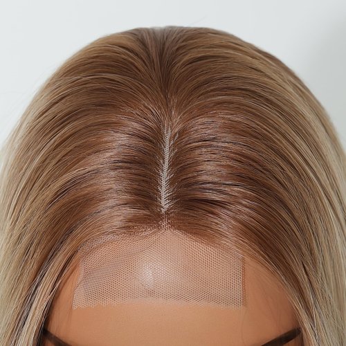 testar Long Straight Ombre Brown Blonde Wigs for White Women Synthetic Middle Part Layers Lace Front Wig for Daily Use Closure Natural Hairline 26 IN