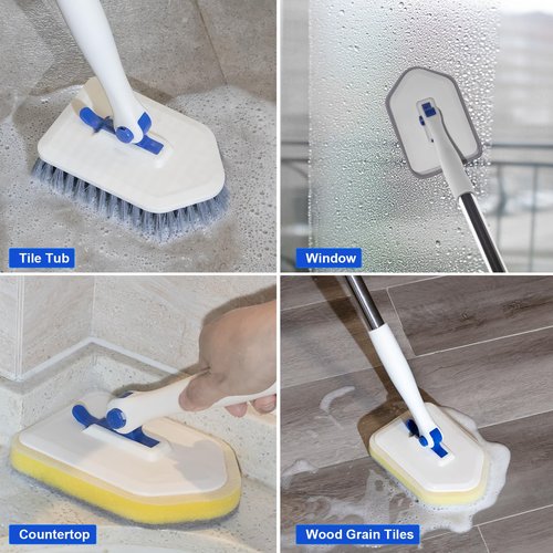 Tile Tub Scrubber Brush with 52-inch Adjustable Long Handle 3-in-1 Rotatable Shower Brush for Cleaning，3 Different Replacement Brush Heads for Cleaning Tub Tile Bathroom Kitchen Walls ，Blue