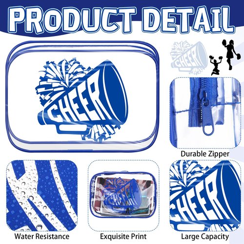 Kacctyen 24 Pcs Cheer Team Gifts Cheer Makeup Bag Bulk for Team Sport Gifts PVC Clear Cosmetic Bag Cheerleader Makeup Case Toiletry Zipper Pouch for Sport Cheerleading, 7x4.7x2.4''(Blue)