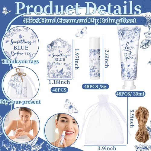 Swiffen 48 Sets Something Blue Before I Do Bridal Shower Hand Cream and Lip Balm Gift Bulk Blue Floral Wedding Favors Travel Size Hand Lotion and Lip Balm Bridal Shower Party Supplies for Guest