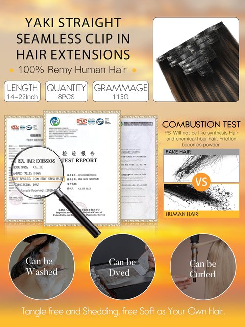Caliee Seamless Yaki Straight Clip ins 14 Inch Balayage Natural Black Mixed Chestnut Brown Light Yaki Clip ins for Black Women 115G 8 Pcs Invisible PU Weft