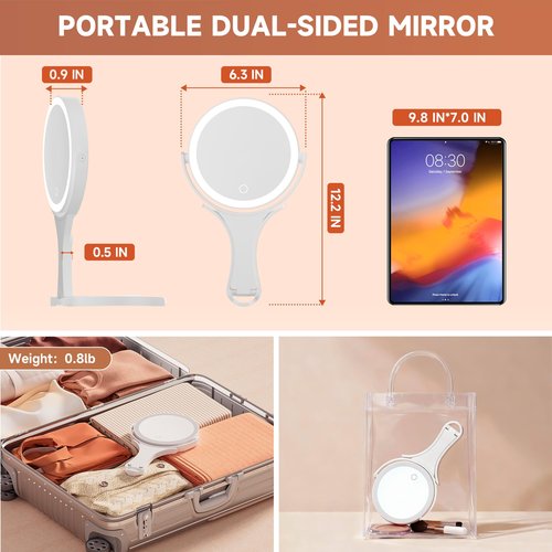 Hasipu Portable Travel Makeup Mirror with Lights – 360° Rotating with 1X/10X Magnifying, Rechargeable Tabletop Handhold Hanging 3 in 1 Mirror (White)