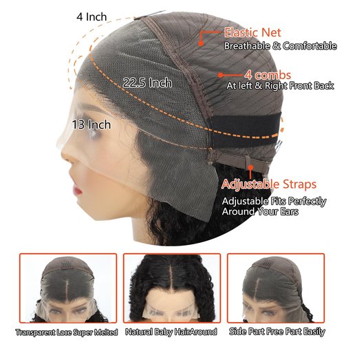 Espive 8Inch Deep Wave Bob Wig Human Hair 13x4 Frontal Lace Wig 220% Density Short Bob Wigs Human Hair for Black Women Natural Hairline Glueless Curly Bob Wig With Baby Hair Natural Black