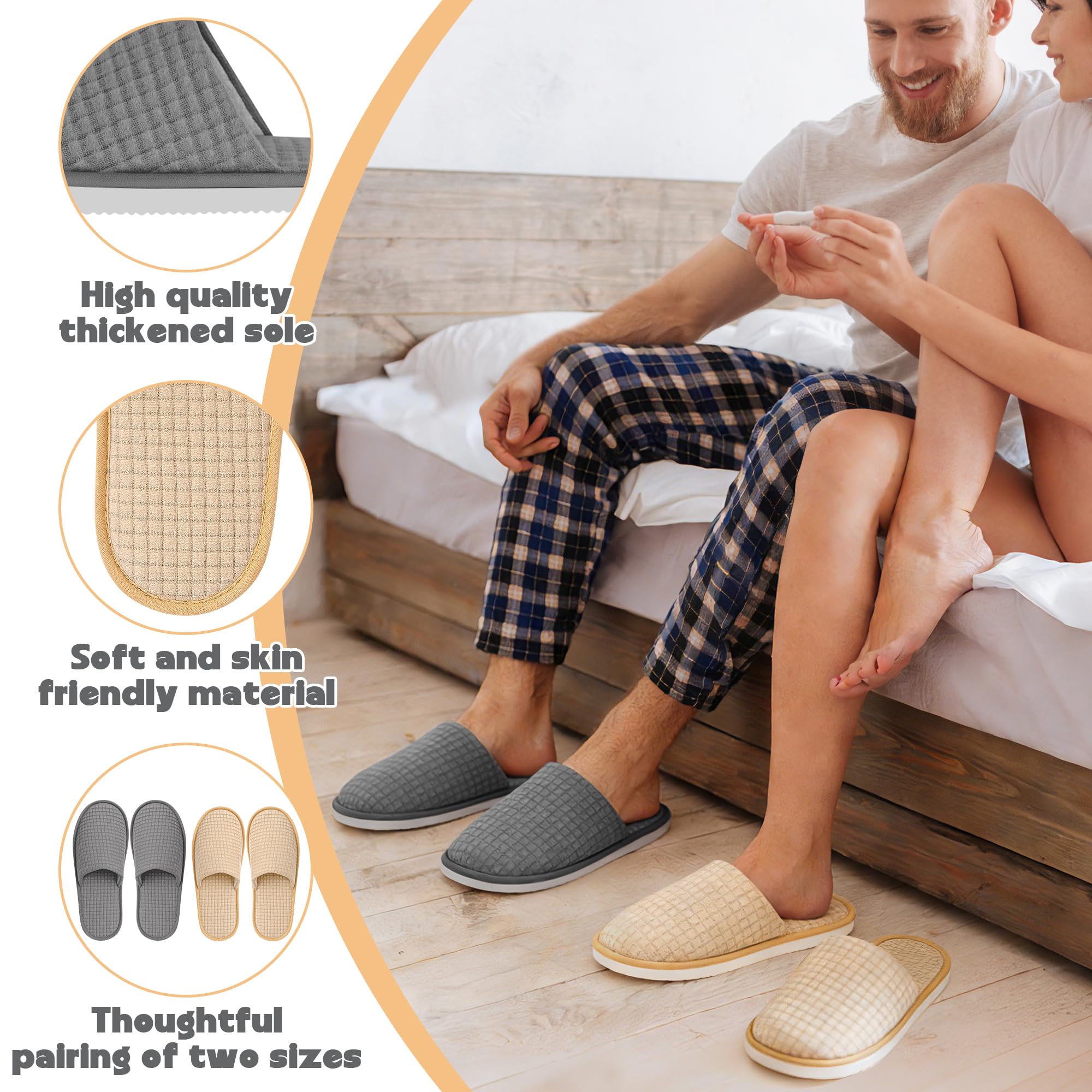 Vipay 12 Pairs Disposable Slippers for Guest, Non Slip Disposable Spa Slippers for Women and Men, 2 Size 2 Colors Reusable House Slippers Indoor Outdoor for Hotel Essentials Shoeless Home Spa Travel