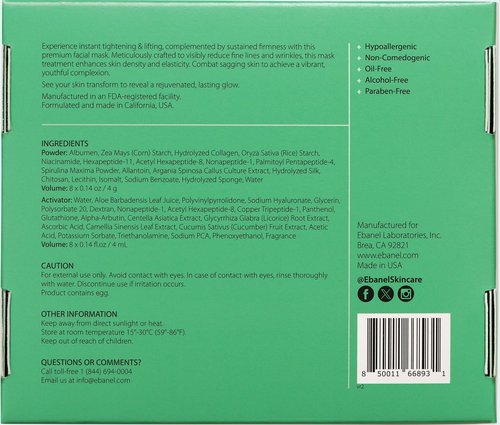 Ebanel Collagen Peptides Wash-Off Face Mask Set, 8 Pack Instant Skin Tightening and Lifting Masks, Brightening Face Mask with Niacinamide, Glutathione, Hyaluronic Acid, Vitamin C, Cica, B5, Albumen